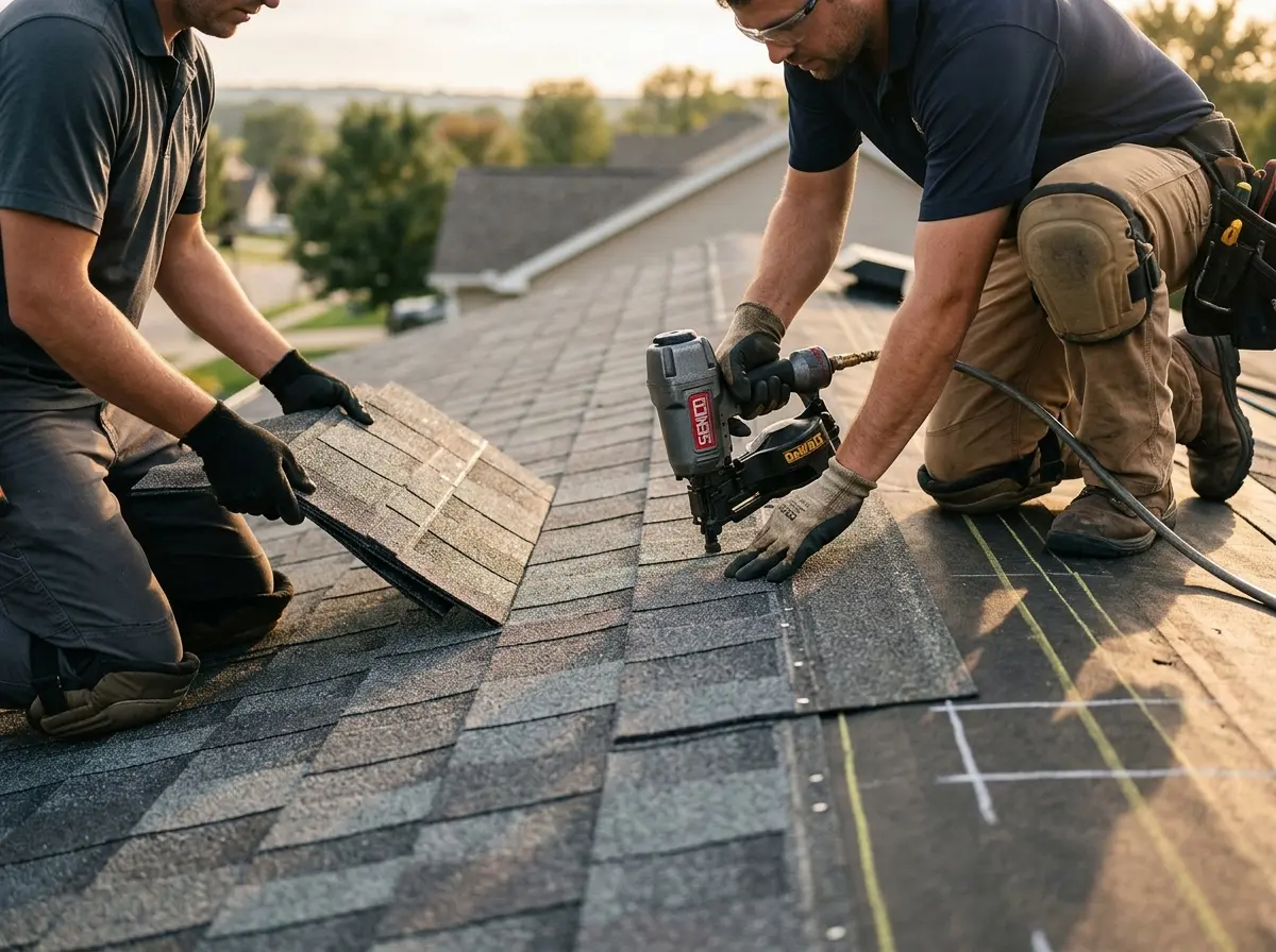 Professional roofer working on a residential roof in Monitor